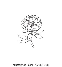 Single continuous line drawing of beauty fresh herbaceous plant for garden logo. Printable decorative peony flower concept for wedding invitation card. Trendy one line draw design vector illustration