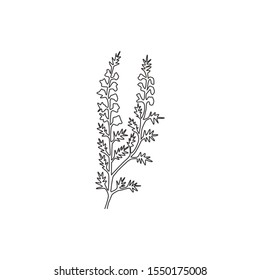 Single continuous line drawing beauty fresh heather for home decor wall art poster print. Decorative calluna vulgaris flower for floral invitation card. Modern one line draw design vector illustration