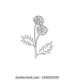 Single continuous line drawing beauty fresh bachelor's button for home decor wall art poster print. Decorative cornflower concept for floral card frame. Modern one line draw design vector illustration