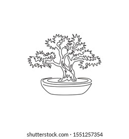 Single continuous line drawing of beauty and old exotic bonsai tree for home decor wall art poster print. Decorative bonsai plant for plant shop logo. Modern one line draw design vector illustration
