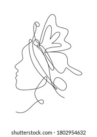 Einzelne, fortlaufend gezeichnete Schönheitsfrau mit Schmetterlingskunst. Botanisch, Mode, T-Shirt-Druck. Portrait Gesicht minimalistischen Stil Konzept. Trendsetter, 1-zeiliger Zeichentext, Grafikgrafik, Vektorgrafik