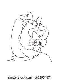 Einzelne, fortlaufend gezeichnete Schönheitsfrau mit Schmetterlingskunst. Botanisch, Mode, T-Shirt-Druck. Portrait minimalistisches Konzept. Trendsetter, 1-zeiliger Zeichnungsstil, Vektorgrafik