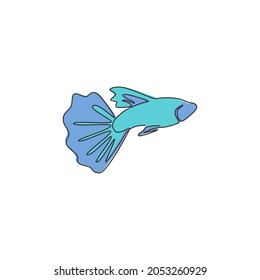 Single continuous line drawing of beauty guppy fish for aquarium logo identity. Freshwater aquarium fish mascot concept for aquatic park icon. Modern one line draw design vector graphic illustration