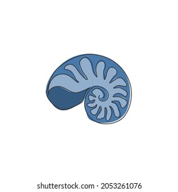 Single continuous line drawing beauty sea snail shell for nautical logo identity. Seashell mascot concept for beach conservation icon. Modern one line draw design vector illustration