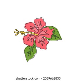 Dibujo de línea continua de belleza de hibisco fresco para el logo del parque. Cartel decorativo estampable de flores de malva rosa concepto de pared decoración de casa. Ilustración vectorial gráfica de diseño de dibujo de una línea moderna