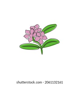 Single continuous line drawing of beauty fresh vinca for home wall art decor poster. Printable decorative periwinkle flower for greeting card ornament. Modern one line draw design vector illustration