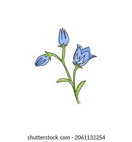 Single continuous line drawing beauty fresh perenial plant for home art wall decor poster print. Printable decorative bluebell flower for card ornament. Modern one line draw design vector illustration