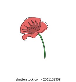 Dibujo de una sola línea de belleza planta de flores frescas para decoración de paredes de afiches arte doméstico. Flor de amapola decorativa impresa para tarjeta de invitación a la boda. Ilustración vectorial de diseño de líneas de una línea