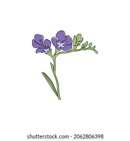 Dibujo de una línea continua de belleza fresca freesia para la decoración de la pared del hogar estampado de afiches de arte. El concepto de flor herbácea decorativa para el marco de la tarjeta floral. Ilustración vectorial de diseño de dibujo de una línea moderna