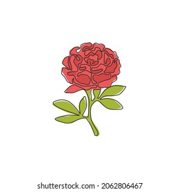 Single continuous line drawing of beauty fresh herbaceous plant for garden logo. Printable decorative peony flower concept for wedding invitation card. Trendy one line draw design vector illustration