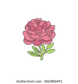 Single continuous line drawing of beauty fresh paeony for garden logo. Printable decorative peony flower concept for home decor wall art poster print. Modern one line draw design vector illustration