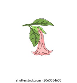 Dibujo de una línea continua de belleza brugmansia fresca para decoración de pared estampado de afiches de arte casero. Flor de trompeta de ángel decorativa para marco de tarjeta de saludo. Ilustración vectorial de diseño de dibujo de una línea moderna