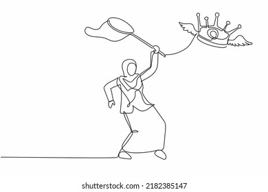 Single continuous line drawing beauty Arabian businesswoman try to catching flying crown with butterfly net. Losing the royal title of an Arab country. One line draw graphic design vector illustration