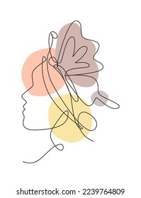 Single continuous line drawing beauty woman with butterfly artwork. Botanical, fashion, t-shirt print. Portrait face minimalistic style concept. Trendy one line draw design graphic vector illustration