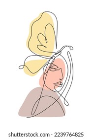 Single continuous line drawing beauty woman with butterfly artwork. Botanical, fashion, t-shirt print. Portrait minimalistic style concept. Trendy one line draw design vector graphic illustration