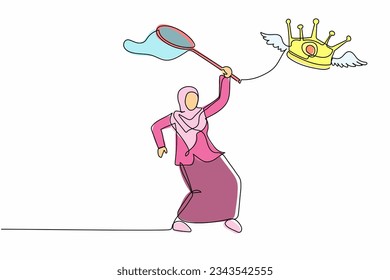 Single continuous line drawing beauty Arabian businesswoman try to catching flying crown with butterfly net. Losing the royal title of an Arab country. One line draw graphic design vector illustration