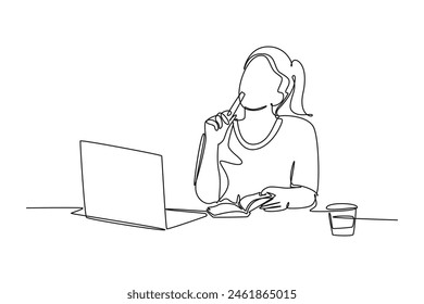 Single continuous line drawing beauty young female employee sitting on her chair and thinking of solution for her unfinished work. Think smart concept. One line draw graphic design vector illustration