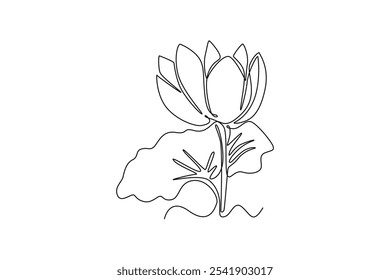 Single continuous line drawing beauty fresh lotus for spa business logo. Printable poster decorative garden water lily flower concept for wall home decor. One line graphic design vector illustration