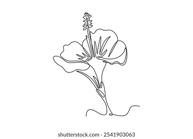 Dibujo de línea continua única de hibisco fresco de belleza para el logotipo del jardín. Concepto decorativo de flor de malva rosa para el cartel de la decoración del hogar de la pared. Ilustración vectorial de Diseño gráfico de dibujo dinámico de una línea