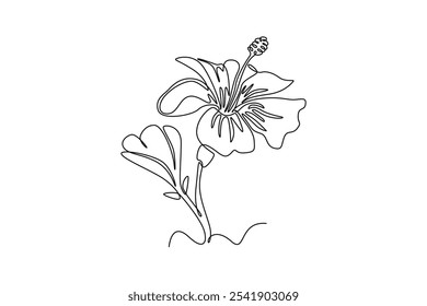 Desenho de linha contínua única de flor de hibisco de beleza. Estilo floral tropical, amor conceito romântico para pôster, parede casa decoração impressão. Ilustração de vetor de design gráfico de desenho dinâmico de uma linha