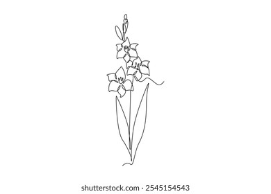 Single continuous line drawing beauty fresh gladiolus for home wall decor poster art. Printable decorative sword gladius flower concept for fashion textile. One line graphic design vector illustration