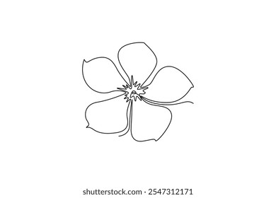 Single continuous line drawing of beauty fresh periwinkle for garden logo. Printable decorative catharanthus flower concept for home wall decor poster. One line draw graphic design vector illustration