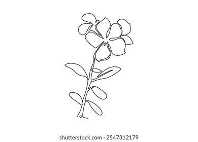 Single continuous line drawing of beauty fresh vinca for home wall art decor poster. Printable decorative periwinkle flower for greeting card ornament. One line draw graphic design vector illustration