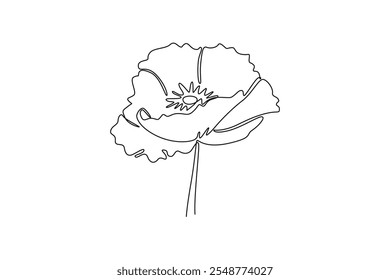 Single continuous line drawing beauty fresh flowering plant for home wall decor poster art. Printable decorative poppy flower for symbol remembrance. One line draw graphic design vector illustration