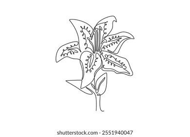 Single continuous line drawing beauty lilium lancifolium for home decor wall art poster print. Printable decorative tiger lily flower for green park. One line draw graphic design vector illustration