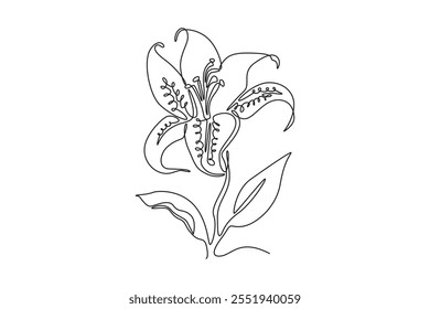 Single continuous line drawing beauty fresh tiger lily for home decor wall art poster print. Printable decorative lilium flower for wedding invitation. One line draw graphic design vector illustration