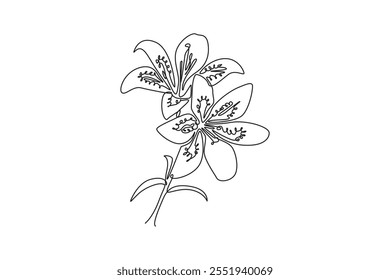 Single continuous line drawing beauty fresh lilium for garden logo. Printable decorative tiger lily flower for wall art home decoration poster. Dynamic one line draw graphic design vector illustration