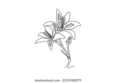 Single continuous line drawing beauty fresh lilium for wall art home decor poster print. Printable decorative tiger lily flower greeting card ornament. One line draw graphic design vector illustration