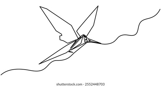 Single continuous line drawing of beauty funny origami paper form flying hummingbird. Traditional Japanese paper craft folding concept. Origami bird design.