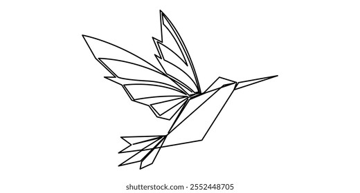 Single continuous line drawing of beauty funny origami paper form flying hummingbird. Traditional Japanese paper craft folding concept. Origami bird design.