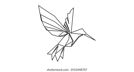 Single continuous line drawing of beauty funny origami paper form flying hummingbird. Traditional Japanese paper craft folding concept. Origami bird design.