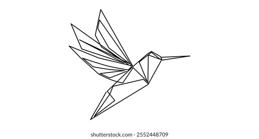 Single continuous line drawing of beauty funny origami paper form flying hummingbird. Traditional Japanese paper craft folding concept. Origami bird design.