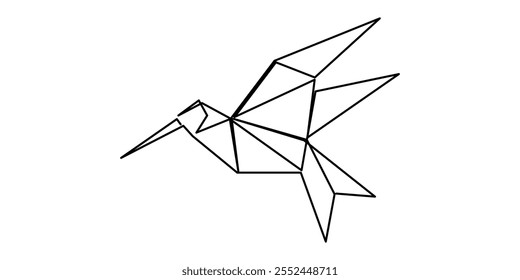 Single continuous line drawing of beauty funny origami paper form flying hummingbird. Traditional Japanese paper craft folding concept. Origami bird design.