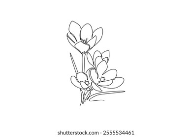 Single continuous line drawing of beauty fresh croci for garden logo. Printable decorative crocus flower concept for home decor wall art print poster. One line draw graphic design vector illustration