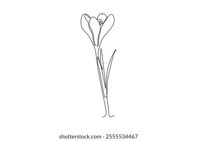 Single continuous line drawing beauty fresh croci for home wall decor art poster print. Printable decorative crocus flower for invitation card. Dynamic one line draw graphic design vector illustration