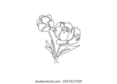 Single continuous line drawing of beauty fresh herbaceous plant for garden logo. Printable decorative peony flower concept for wedding invitation card. One line draw graphic design vector illustration