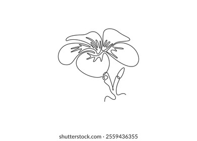 Single continuous line drawing of beauty fresh plumeria for garden logo. Printable decorative art frangipani flower concept for fashion fabric textile. One line draw graphic design vector illustration