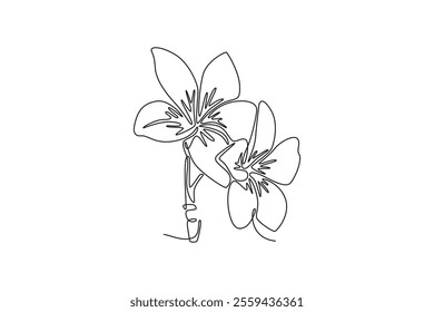 Single continuous line drawing beauty fresh plumeria for wall home decoration art poster. Printable decorative frangipani flower for green park icon. One line draw graphic design vector illustration