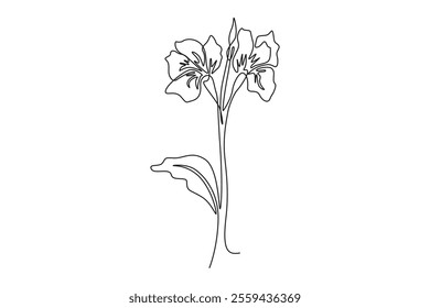 Single continuous line drawing beauty fresh canna for garden logo. Printable decorative canna lily flower concept for home decor wall art poster print. One line draw graphic design vector illustration