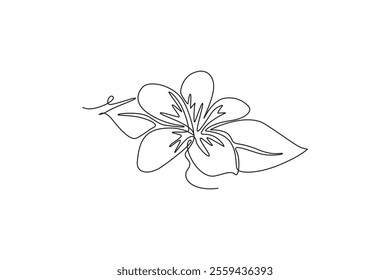 Single continuous line drawing beauty fresh plumeria for home decor wall art poster print. Decorative frangipani flower concept for wedding invitation. One line draw graphic design vector illustration