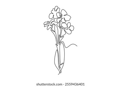 Single continuous line drawing beauty fresh canna for home decor wall art poster print. Printable decorative canna lily flower concept card ornament. One line draw graphic design vector illustration