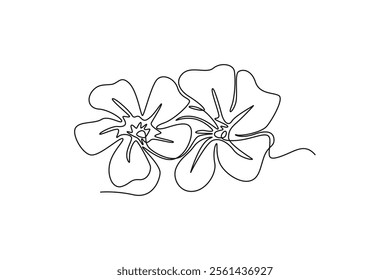 Single continuous line drawing of beauty fresh periwinkle for garden logo. Printable decorative catharanthus flower concept for home wall decor poster. One line draw graphic design vector illustration