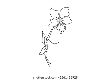 Single continuous line drawing of beauty fresh vinca for home wall art decor poster. Printable decorative periwinkle flower for greeting card ornament. One line draw graphic design vector illustration