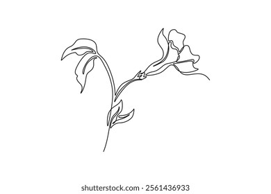 Single continuous line drawing beauty fresh periwinkle for home wall decor poster art. Printable decorative vinca flower for wedding invitation card. One line draw graphic design vector illustration