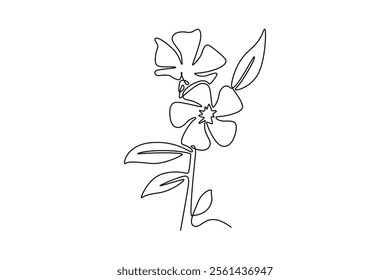 Single continuous line drawing of beauty fresh catharanthus for garden logo. Decorative periwinkle flower concept for home wall decor art poster print. One line draw graphic design vector illustration