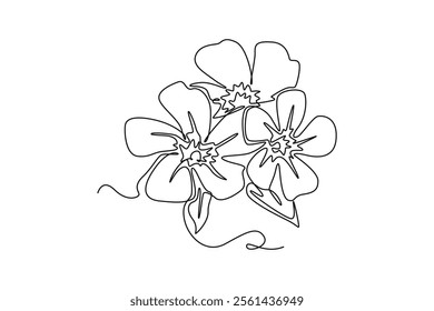 Single continuous line drawing beauty fresh catharanthus for home wall decor art poster print Decorative periwinkle flower for wedding invitation card. One line draw graphic design vector illustration